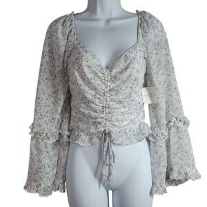 Altar'd State Floral Top Purple Small Ruffle Balloon Bell Sleeve Adj Lined NWT